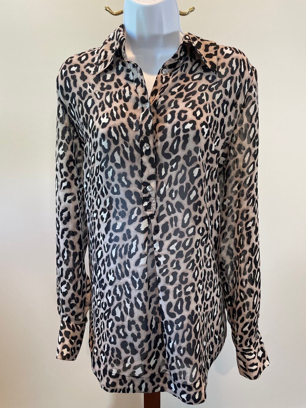 INC International Concepts Sheer Animal Print Top Size 12 Rhinestone Buttons